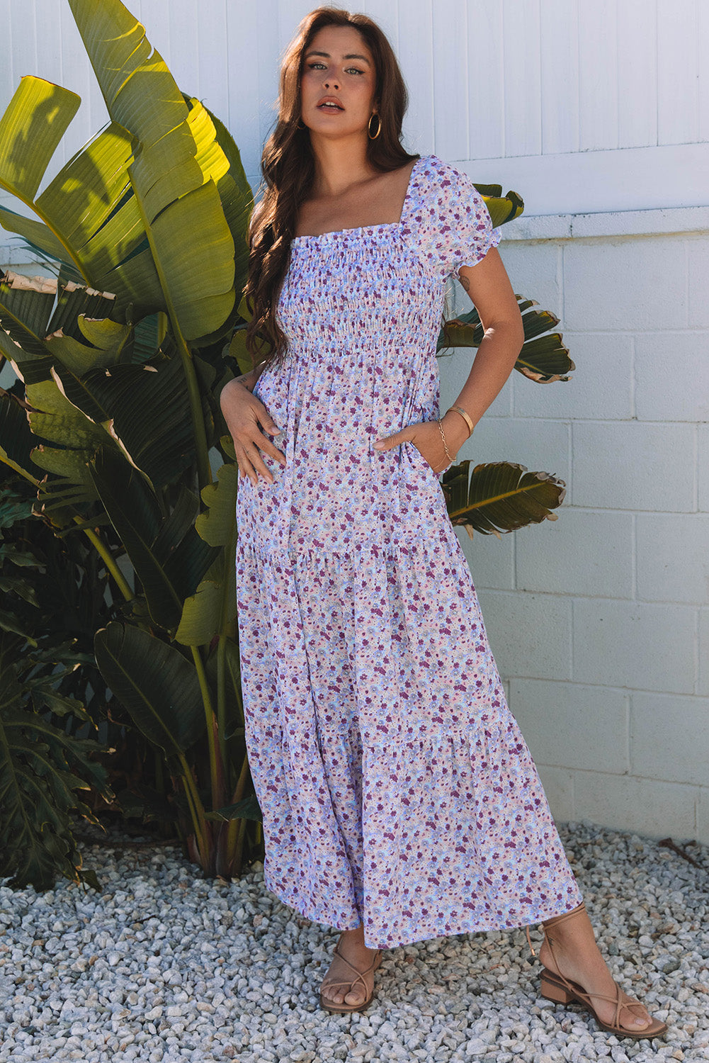 Lacey Floral Short Bubble Sleeve Maxi Dress