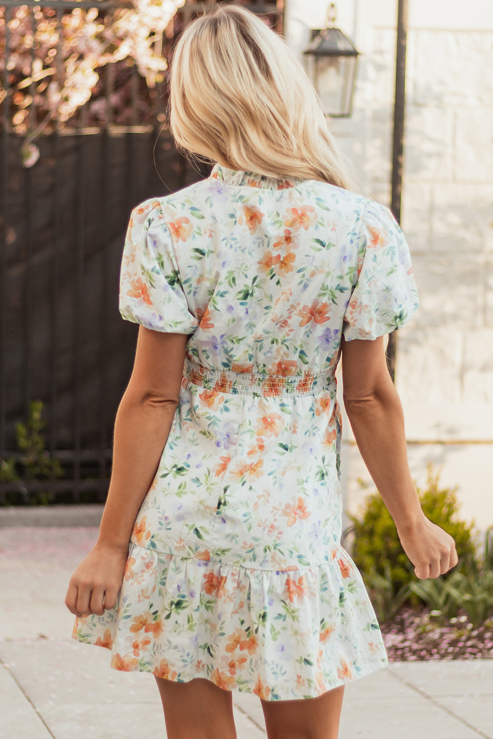 Katharine Floral Shirred High Waist Puff Sleeve Mini Dress